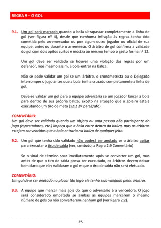 35
REGRA 9 – O GOL
9.1. Um gol será marcado quando a bola ultrapassar completamente a linha de
gol (ver figura nº 4), desde que nenhuma infração às regras tenha sido
cometida pelo arremessador ou por algum outro jogador ou oficial de sua
equipe, antes ou durante o arremesso. O árbitro de gol confirma a validade
do gol com dois apitos curtos e mostra ao mesmo tempo o gesto forma nº 12.
Um gol deve ser validado se houver uma violação das regras por um
defensor, mas mesmo assim, a bola entrar na baliza.
Não se pode validar um gol se um árbitro, o cronometrista ou o Delegado
interromper o jogo antes que a bola tenha cruzado completamente a linha de
gol.
Deve-se validar um gol para a equipe adversária se um jogador lançar a bola
para dentro de sua própria baliza, exceto na situação que o goleiro esteja
executando um tiro de meta (12:2 2º parágrafo).
COMENTÁRIO:
Um gol deve ser validado quando um objeto ou uma pessoa não participante do
jogo (espectadores, etc.) impeça que a bola entre dentro da baliza, mas os árbitros
estejam convencidos que a bola entraria na baliza de qualquer jeito.
9.2. Um gol que tenha sido validado não poderá ser anulado se o árbitro apitar
para executar o tiro de saída (ver, contudo, a Regra 2:9 Comentário)
Se o sinal de término soar imediatamente após se converter um gol, mas
antes de que o tiro de saída possa ser executado, os árbitros devem deixar
bem claro que eles validaram o gol e que o tiro de saída não será efetuado.
COMENTÁRIO:
Um gol deve ser anotado no placar tão logo ele tenha sido validado pelos árbitros.
9.3. A equipe que marcar mais gols do que o adversário é a vencedora. O jogo
será considerado empatado se ambas as equipes marcarem o mesmo
número de gols ou não converterem nenhum gol (ver Regra 2:2).
 
