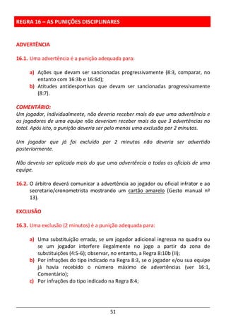 51
REGRA 16 – AS PUNIÇÕES DISCIPLINARES
ADVERTÊNCIA
16.1. Uma advertência é a punição adequada para:
a) Ações que devam ser sancionadas progressivamente (8:3, comparar, no
entanto com 16:3b e 16:6d);
b) Atitudes antidesportivas que devam ser sancionadas progressivamente
(8:7).
COMENTÁRIO:
Um jogador, individualmente, não deveria receber mais do que uma advertência e
os jogadores de uma equipe não deveriam receber mais do que 3 advertências no
total. Após isto, a punição deveria ser pelo menos uma exclusão por 2 minutos.
Um jogador que já foi excluído por 2 minutos não deveria ser advertido
posteriormente.
Não deveria ser aplicado mais do que uma advertência a todos os oficiais de uma
equipe.
16.2. O árbitro deverá comunicar a advertência ao jogador ou oficial infrator e ao
secretario/cronometrista mostrando um cartão amarelo (Gesto manual nº
13).
EXCLUSÃO
16.3. Uma exclusão (2 minutos) é a punição adequada para:
a) Uma substituição errada, se um jogador adicional ingressa na quadra ou
se um jogador interfere ilegalmente no jogo a partir da zona de
substituições (4:5-6); observar, no entanto, a Regra 8:10b (II);
b) Por infrações do tipo indicado na Regra 8:3, se o jogador e/ou sua equipe
já havia recebido o número máximo de advertências (ver 16:1,
Comentário);
c) Por infrações do tipo indicado na Regra 8:4;
 