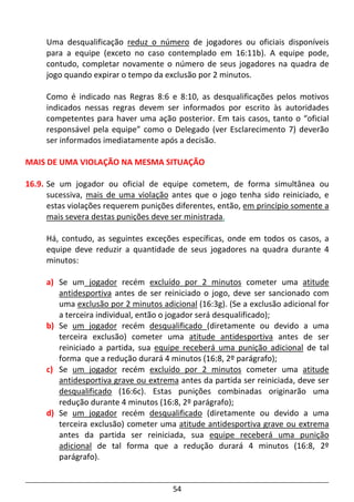 54
Uma desqualificação reduz o número de jogadores ou oficiais disponíveis
para a equipe (exceto no caso contemplado em 16:11b). A equipe pode,
contudo, completar novamente o número de seus jogadores na quadra de
jogo quando expirar o tempo da exclusão por 2 minutos.
Como é indicado nas Regras 8:6 e 8:10, as desqualificações pelos motivos
indicados nessas regras devem ser informados por escrito às autoridades
competentes para haver uma ação posterior. Em tais casos, tanto o “oficial
responsável pela equipe” como o Delegado (ver Esclarecimento 7) deverão
ser informados imediatamente após a decisão.
MAIS DE UMA VIOLAÇÃO NA MESMA SITUAÇÃO
16.9. Se um jogador ou oficial de equipe cometem, de forma simultânea ou
sucessiva, mais de uma violação antes que o jogo tenha sido reiniciado, e
estas violações requerem punições diferentes, então, em princípio somente a
mais severa destas punições deve ser ministrada.
Há, contudo, as seguintes exceções específicas, onde em todos os casos, a
equipe deve reduzir a quantidade de seus jogadores na quadra durante 4
minutos:
a) Se um jogador recém excluído por 2 minutos cometer uma atitude
antidesportiva antes de ser reiniciado o jogo, deve ser sancionado com
uma exclusão por 2 minutos adicional (16:3g). (Se a exclusão adicional for
a terceira individual, então o jogador será desqualificado);
b) Se um jogador recém desqualificado (diretamente ou devido a uma
terceira exclusão) cometer uma atitude antidesportiva antes de ser
reiniciado a partida, sua equipe receberá uma punição adicional de tal
forma que a redução durará 4 minutos (16:8, 2º parágrafo);
c) Se um jogador recém excluído por 2 minutos cometer uma atitude
antidesportiva grave ou extrema antes da partida ser reiniciada, deve ser
desqualificado (16:6c). Estas punições combinadas originarão uma
redução durante 4 minutos (16:8, 2º parágrafo);
d) Se um jogador recém desqualificado (diretamente ou devido a uma
terceira exclusão) cometer uma atitude antidesportiva grave ou extrema
antes da partida ser reiniciada, sua equipe receberá uma punição
adicional de tal forma que a redução durará 4 minutos (16:8, 2º
parágrafo).
 