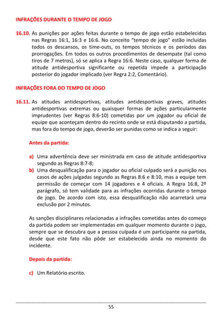 55
INFRAÇÕES DURANTE O TEMPO DE JOGO
16.10. As punições por ações feitas durante o tempo de jogo estão estabelecidas
nas Regras 16:1, 16:3 e 16:6. No conceito “tempo de jogo” estão incluídas
todos os descansos, os time-outs, os tempos técnicos e os períodos das
prorrogações. Em todos os outros procedimentos de desempate (tal como
tiros de 7 metros), só se aplica a Regra 16:6. Neste caso, qualquer forma de
atitude antidesportiva significante ou repetida impede a participação
posterior do jogador implicado (ver Regra 2:2, Comentário).
INFRAÇÕES FORA DO TEMPO DE JOGO
16.11. As atitudes antidesportivas, atitudes antidesportivas graves, atitudes
antidesportivas extremas ou quaisquer formas de ações particularmente
imprudentes (ver Regras 8:6-10) cometidas por um jogador ou oficial de
equipe que aconteçam dentro do recinto onde se está disputando a partida,
mas fora do tempo de jogo, deverão ser punidas como se indica a seguir:
Antes da partida:
a) Uma advertência deve ser ministrada em caso de atitude antidesportiva
segundo as Regras 8:7-8;
b) Uma desqualificação para o jogador ou oficial culpado será a punição nos
casos de ações julgadas segundo as Regras 8:6 e 8:10, mas a equipe tem
permissão de começar com 14 jogadores e 4 oficiais. A Regra 16:8, 2º
parágrafo, só tem validade para as infrações ocorridas durante o tempo
de jogo. De acordo com isto, essa desqualificação não acarretará uma
exclusão por 2 minutos.
As sanções disciplinares relacionadas a infrações cometidas antes do começo
da partida podem ser implementadas em qualquer momento durante o jogo,
sempre que se descubra que a pessoa culpada é um participante na partida,
desde que este fato não pôde ser estabelecido ainda no momento do
incidente.
Depois da partida:
c) Um Relatório escrito.
 