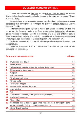 63
OS GESTOS MANUAIS DA I.H.F.
Quando se sanciona um tiro livre ou um tiro de saída ou lateral, os árbitros
devem indicar imediatamente a direção em que o tiro deve ser executado (Gestos
manuais 7 ou 9).
Logo após isso, se corresponder ao caso, eles deveriam realizar o gesto manual
obrigatório que corresponda a indicação de qualquer sanção disciplinar (Gestos
manuais 13 –14).
Se for conveniente para explicar as razões por que se sancionou um tiro livre
ou um tiro de 7 metros, poderia ser feito, como caráter informativo, alguns dos
gestos manuais indicados segundo os números 1–6 e 11. (No entanto, sempre
deveria ser realizado o Gesto manual nº 11 naquelas situações em que a decisão de
tiro livre por jogo passivo não foi precedida pelo Gesto manual nº 17).
Os Gestos manuais nº 12, 15 e 16 são obrigatórios naquelas situações onde
são aplicáveis.
Os Gestos manuais nº 8, 10 e 17 são usados nos casos em que os árbitros os
considerarem necessários.
ÍNDICE DOS GESTOS MANUAIS PÁGINA
1. Invasão da área de gol 64
2. Duplo drible 64
3. Sobre-passos, segurar a bola por mais de 3 segundos 64
4. Deter, segurar ou empurrar 65
5. Golpear 65
6. Falta de ataque 65
7. Tiro lateral – direção 66
8. Tiro de meta 66
9. Tiro livre – direção 66
10. Manter a distância de 3 metros 67
11. Jogo passivo 67
12. Gol 67
13. Advertência (amarelo) - Desqualificação (vermelho) 68
14. Exclusão (2 minutos) 68
15. Time – Out 68
16. Permissão para 2 pessoas (que estão “autorizadas a participar”) para
entrar na quadra de jogo durante um time – out 69
17. Gesto de pré-passivo 69
 