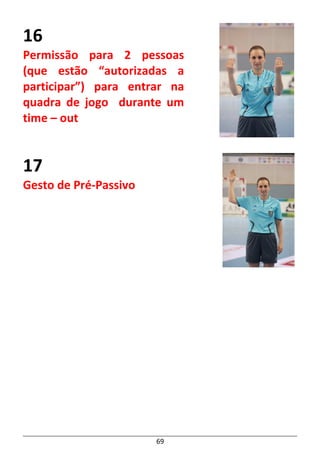 69
16
Permissão para 2 pessoas
(que estão “autorizadas a
participar”) para entrar na
quadra de jogo durante um
time – out
17
Gesto de Pré-Passivo
 