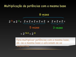 Multiplicação de potências com a mesma base
8 vezes
2 5 x 2 3= 2 x 2 x 2 x 2 x 2 x 2 x 2 x 2 =
5 vezes
=2

5+3

=2

3 vezes

8

Para multiplicar potências com a mesma base,
dá--se a mesma base e adicionam-se os
.expoentes

 