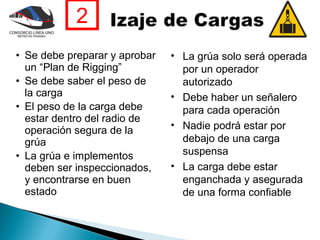2
• Se debe preparar y aprobar   • La grúa solo será operada
  un “Plan de Rigging”           por un operador
• Se debe saber el peso de       autorizado
  la carga                     • Debe haber un señalero
• El peso de la carga debe       para cada operación
  estar dentro del radio de
  operación segura de la       • Nadie podrá estar por
  grúa                           debajo de una carga
• La grúa e implementos          suspensa
  deben ser inspeccionados,    • La carga debe estar
  y encontrarse en buen          enganchada y asegurada
  estado                         de una forma confiable
 
