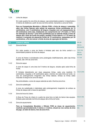 1.3.4   Linha de ataque

        Em cada quadra há uma linha de ataque, cuja extremidade posterior é desenhada a
        3 metros de distância a partir do eixo da linha central, marcando a zona de frente.

        Para as Competições Mundiais e Oficiais FIVB, a linha de ataque é estendida                   D2

        além das linhas laterais pela adição de pequenas linhas pontilhadas de 15
        centímetros, com 5 centímetros de largura, traçadas com um espaçamento de
        20 centímetros entre elas, totalizando um comprimento de 1,75 metro. A “linha
        de restrição do técnico” (uma linha pontilhada que se estende desde a linha de
        ataque até a linha de fundo da quadra, paralela à linha lateral e a 1,75 metro da
        mesma) é composta de pequenas linhas de 15 centímetros, espaçadas por 20
        centímetros, a fim de marcar o limite da área de operação do técnico.

1.4     ZONAS E ÁREAS                                                                                 D1b, D2

1.4.1   Zona de frente                                                                                19.3.1.4,
                                                                                                      23.3.2.3e, D2


        Em cada quadra a zona de frente é limitada pelo eixo da linha central e a                     1.3.3, 1.3.4,

        extremidade posterior da linha de ataque.                                                     19.3.1.4,
                                                                                                      23.3.2.3e


        A zona de frente é considerada como prolongada indefinidamente, além das linhas               1.1, 1.3.2

        laterais, até o fim da zona livre.

1.4.2   Zona de saque

        A zona de saque é uma área de 9 metros de largura, situada após cada linha de
        fundo.

        É limitada lateralmente por duas pequenas linhas, cada uma medindo 15                         1.3.2, 12, D1b

        centímetros, traçadas a 20 centímetros após o termino de cada linha de fundo, no
        eixo de prolongamento imaginário das linhas laterais. Ambas as linhas estão
        incluídas na largura da zona de saque.

        Na profundidade, a zona de saque estende-se até o final da zona livre.                        1.1


1.4.3   Zona de substituição

        A zona de substituição é delimitada pelo prolongamento imaginário de ambas as
        linhas de ataque até a mesa do apontador.

1.4.4   Zona de troca do Líbero.

        A Zona de Troca do Líbero é a parte da zona livre no lado do banco das equipes,               19.3.2.7, D1b

        limitada pela extensão da linha de ataque até a linha de fundo.

1.4.5   Zona de aquecimento

        Para as Competições Mundiais e Oficiais FIVB as áreas de aquecimento,                         24.2.5, D1a,

        medindo aproximadamente 3 metros x 3 metros, situam-se nos cantos da área                     D1b
        de jogo, ao lado do banco, fora da zona livre.




                                                              Regras do Jogo – Voleibol – 2013/2016                   15
 