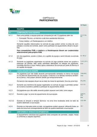 CAPÍTULO 2
                                         PARTICIPANTES
                                                                                                         Ver Regras


4         EQUIPES

4.1       COMPOSIÇÃO DAS EQUIPES
4.1.1     Para uma partida, a equipe pode ser composta por até 12 jogadores além de:                     4.1.1.1, 5.2,
                                                                                                         5.3
          •   Comissão Técnica: um técnico e até dois assistentes técnicos;
          •   Corpo médico: um fisioterapeuta e um médico
          Somente aqueles relacionados na súmula do jogo podem entrar na área de com-
          petição e na área de controle, assim como participar do aquecimento oficial e da par-
          tida.
          Para competições FIVB, o médico e o fisioterapeuta devem ser credenciados
          anteriormente pela própria FIVB.

4.1.2     Um dos jogadores, exceto o Líbero, é o capitão da equipe e será indicado na súmula             5.1, 19.1.3

          do jogo.

4.1.3     Somente os jogadores registrados na súmula do jogo poderão entrar em quadra e                  1, 4.1.1, 5.1.1,

          participar da partida. Não serão admitidas alterações na relação de jogadores,                 5.2.2
          comissão técnica e corpo médico após a assinatura da súmula por parte do técnico e
          do capitão da equipe.

4.2       LOCALIZAÇÃO DA EQUIPE
4.2.1     Os jogadores que não estão atuando permanecerão sentados no banco da equipe                    1.4.5, 5.2.3,

          ou na área de aquecimento de sua equipe. O técnico e os demais membros sentam-                 7.3.3
          se no banco, mas podem deixá-lo desde que temporariamente.

          Os bancos das equipes situam-se ao lado da mesa do apontador, fora da zona livre.              D1a, D1b


4.2.2     Somente aos membros da equipe registrados na súmula do jogo é permitido sentar-                4.1.1, 7.2

          se no banco durante a partida e participar do aquecimento oficial.

4.2.3     Os jogadores que não estão atuando podem aquecer sem bola, como segue:

4.2.3.1   Durante o jogo: na zona de aquecimento de sua equipe.                                          1.4.5, 8.1,
                                                                                                         D1a,
                                                                                                         D1b


4.2.3.2   Durante os tempos e tempos técnicos: na zona livre localizada atrás do lado da                 1.3.3, 15.4

          quadra destinado a sua equipe.

4.2.4     Durante os intervalos entre os sets, os jogadores podem aquecer utilizando bolas na            18.1

          parte da zona livre correspondente ao lado da quadra destinado a sua equipe.

4.3       UNIFORMES E DEMAIS EQUIPAMENTOS
          O equipamento individual dos jogadores será composto de camiseta, calção, meias
          (o uniforme) e calçado esportivo.




                                                                 Regras do Jogo – Voleibol – 2013/2016                   18
 