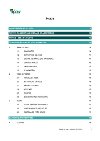 ÍNDICE



CARACTERÍSTICAS DO JOGO                                                                   9

PARTE 1: FILOSOFIA DAS REGRAS E DA ARBITRAGEM                                            10

PARTE 2 – SEÇÃO 1: O JOGO                                                                13

CAPÍTULO 1: ESTRUTURA E EQUIPAMENTOS                                                     14

1       ÁREA DE JOGO                                                                     14

        1.1     DIMENSÕES                                                                14

        1.2     SUPERFÍCIE DE JOGO                                                       14

        1.3     LINHAS DE MARCAÇÃO DA QUADRA                                             14

        1.4     ZONAS E ÁREAS                                                            15

        1.5     TEMPERATURA                                                              16

        1.6     ILUMINAÇÃO                                                               16

2       REDE E POSTES                                                                    16

        2.1     ALTURA DA REDE                                                           16

        2.2     ESTRUTURA DA REDE                                                        16

        2.3     FAIXAS LATERAIS                                                          16

        2.4     ANTENAS                                                                  16

        2.5     POSTES                                                                   17

        2.6     EQUIPAMENTOS ADICIONAIS                                                  17

3       BOLAS                                                                            17

        3.1     CARACTERÍSTICAS DA BOLA                                                  17

        3.2     UNIFORMIDADE DAS BOLAS                                                   17

        3.3     SISTEMA DE TRÊS BOLAS                                                    17


CAPÍTULO 2: PARTICIPANTES                                                                18

4       EQUIPES                                                                          18


                                                 Regras do Jogo – Voleibol – 2013/2016    2
 