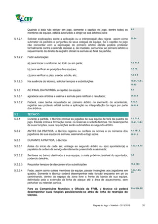 Quando a bola não estiver em jogo, somente o capitão no jogo, dentre todos os                   8.2

          membros da equipe, estará autorizado a dirigir-se aos árbitros para:

5.1.2.1   Solicitar explicações sobre a aplicação ou a interpretação das regras assim como                23.2.4

          submeter os pedidos e perguntas de seus colegas de equipe. Se o capitão no jogo
          não concordar com a explicação do primeiro árbitro ele/ela poderá protestar
          formalmente contra a referida decisão e, de imediato, comunicar ao primeiro árbitro o
          requerimento do direito de registro oficial na súmula ao final da partida;

5.1.2.2   Pedir autorização:

          a) para trocar o uniforme, no todo ou em parte;                                                 4.3, 4.4.2


          b) para verificar as posições das equipes;                                                      7.4, 7.6


          c) para verificar o piso, a rede, a bola, etc;                                                  1.2, 2, 3


5.1.2.3   Na ausência do técnico, solicitar tempos e substituições                                        15.3.1, 15.4.1,
                                                                                                          15.5.2


5.1.3     AO FINAL DA PARTIDA, o capitão da equipe:                                                       6.3


5.1.3.1   agradece aos árbitros e assina a súmula para ratificar o resultado;                             25.2.3.3


5.1.3.2   Poderá, caso tenha requisitado ao primeiro árbitro no momento do acontecido,                    5.1.2.1,

          registrar seu protesto oficial contra a aplicação ou interpretação da regra por parte           25.2.3.2
          dos árbitros.

5.2       TÉCNICO
5.2.1     Durante a partida, o técnico conduz as jogadas de sua equipe de fora da quadra de               1.1, 7.3.2,

          jogo. Ele/ela indica a formação inicial, os reservas e solicita tempos. No desempenho           15.4.1, 15.5.2
          de suas funções, suas requisições serão submetidas ao segundo árbitro.

5.2.2     ANTES DA PARTIDA, o técnico registra ou confere os nomes e os números dos                       4.1, 19.1.3,

          jogadores de sua equipe na súmula, assinando-a logo após.                                       25.2.1.1


5.2.3     DURANTE A PARTIDA, o técnico:

5.2.3.1   Antes do início de cada set, entrega ao segundo árbitro ou a(o) apontador(a) a                  7.3.2, 7.4, 7.6

          papeleta de ordem de serviço devidamente preenchida e assinada;

5.2.3.2   Senta-se no banco destinado a sua equipe, o mais próximo possível do apontador,                 4.2

          podendo deixá-lo;

5.2.3.3   Requisitar tempos de descanso e/ou substituições                                                15.4, 15.5


5.2.3.4   Pode, assim como outros membros da equipe, passar instruções aos jogadores em                   1.3.4, 1.4.5,
                                                                                                          D2
          quadra. Somente o técnico poderá desempenhar esta função enquanto em pé ou
          caminhando, dentro do espaço da zona livre a frente do banco de sua equipe,
          delimitada pela a extensão da linha de ataque até a área de aquecimento, sem
          perturbar ou retardar partida.

          Para as Competições Mundiais e Oficiais da FIVB, o técnico só poderá                            D1a, D1b, D2

          desempenhar suas funções posicionando-se atrás da linha de restrição do
          técnico.


                                                                  Regras do Jogo – Voleibol – 2013/2016                   20
 