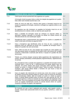 7.3       FORMAÇÃO INICIAL DAS EQUIPES
7.3.1     Cada equipe sempre apresentará seis jogadores em quadra.                                     6.4.3


          A formação inicial da equipe indica a ordem de rotação dos jogadores em quadra.              7.6

          Esta ordem será mantida durante todo o set.

7.3.2     Antes do início de cada set, o técnico deve gravar a formação inicial de sua                 5.2.3.1, 24.3.1,

          equipe na papeleta de formação, assiná-la e entregá-la ao segundo árbitro ou ao              25.2.1.2
          apontador.

7.3.3     Os jogadores que não constarem na papeleta de formação inicial de um set                     7.3.2, 15.5

          (excetuando-se os Líberos), serão os reservas para aquele set.

7.3.4     Após a papeleta de formação inicial ser entregue ao segundo árbitro ou                       15.2.2, 15.5,

          apontador, qualquer alteração na formação da equipe em quadra deverá ser                     D11 (5)
          efetuada através de uma substituição regular.

7.3.5     Divergências entre o posicionamento dos jogadores em quadra e a papeleta de                  24.3.1

          ordem inicial serão dirimidas da seguinte forma:

7.3.5.1   Caso a divergência seja identificada antes do início do set, a posição dos                   7.3.2

          jogadores deve ser retificada de acordo com a papeleta de formação inicial. A
          equipe em questão não será sancionada.

7.3.5.2   Caso, antes do início do set, uma posição seja ocupada por outro jogador que                 7.3.2

          não seja aquele listado na papeleta de formação inicial, esta deverá ser corrigida
          conforme o relacionado e assinado pelo técnico. A equipe em questão não será
          sancionada.

7.3.5.3   Todavia, se o técnico desejar conservar tal(is) jogador(es) não registrado(s) em             15.2.2, D11 (5)

          quadra, será(ão) solicitada(s) substituição(ões) regulamentar(es), registrando-a(s)
          na súmula.

          Se a divergência entre a posição dos jogadores e a papeleta de formação inicial é
          verificada após o início do set, o posicionamento da equipe faltosa deve ser
          retificado. Os pontos obtidos pela equipe adversária serão mantidos, além de
          receber um ponto e o direito ao próximo saque. Todos os pontos, marcados ou
          recebidos, pela equipe faltosa desde o momento em que houve a troca de
          posições serão cancelados.

7.3.5.4   Caso um jogador não relacionado em súmula (seu nome não conste no quadro                     6.1.2, 7.3.2

          de relação nominal das equipes) esteja em quadra, todos os pontos do adversário
          serão considerados válidos, além de receber um ponto e o direito ao próximo
          saque. A equipe faltosa perderá todos os pontos e/ou sets (parciais de 0:25, se
          necessário) ganhos a contar do momento em que o jogador não-registrado entrou
          em quadra. Uma nova papeleta de formação inicial deverá ser preenchida, assim
          como um jogador devidamente inscrito na súmula deverá entrar em quadra,
          ocupando a posição do jogador não-registrado.

7.4       POSIÇÕES                                                                                     D4

          No momento em que a bola é golpeada pelo sacador, cada jogador, exceto o                     7.6.1, 8.1, 12.4

          sacador, deverá estar posicionado dentro de sua quadra, conforme a ordem de
          rotação.




                                                               Regras do Jogo – Voleibol – 2013/2016                   24
 