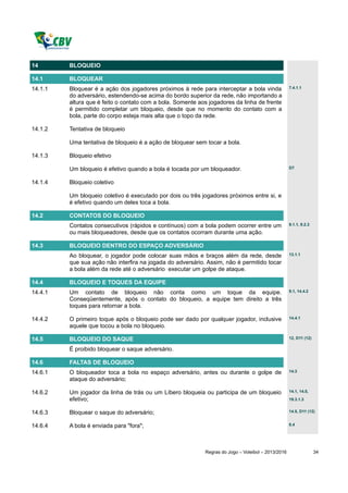 14       BLOQUEIO

14.1     BLOQUEAR
14.1.1   Bloquear é a ação dos jogadores próximos à rede para interceptar a bola vinda              7.4.1.1

         do adversário, estendendo-se acima do bordo superior da rede, não importando a
         altura que é feito o contato com a bola. Somente aos jogadores da linha de frente
         é permitido completar um bloqueio, desde que no momento do contato com a
         bola, parte do corpo esteja mais alta que o topo da rede.

14.1.2   Tentativa de bloqueio

         Uma tentativa de bloqueio é a ação de bloquear sem tocar a bola.

14.1.3   Bloqueio efetivo

         Um bloqueio é efetivo quando a bola é tocada por um bloqueador.                            D7


14.1.4   Bloqueio coletivo

         Um bloqueio coletivo é executado por dois ou três jogadores próximos entre si, e
         é efetivo quando um deles toca a bola.

14.2     CONTATOS DO BLOQUEIO
         Contatos consecutivos (rápidos e contínuos) com a bola podem ocorrer entre um              9.1.1, 9.2.3

         ou mais bloqueadores, desde que os contatos ocorram durante uma ação.

14.3     BLOQUEIO DENTRO DO ESPAÇO ADVERSÁRIO
         Ao bloquear, o jogador pode colocar suas mãos e braços além da rede, desde                 13.1.1

         que sua ação não interfira na jogada do adversário. Assim, não é permitido tocar
         a bola além da rede até o adversário executar um golpe de ataque.

14.4     BLOQUEIO E TOQUES DA EQUIPE
14.4.1   Um contato de bloqueio não conta como um toque da equipe.                                  9.1, 14.4.2

         Conseqüentemente, após o contato do bloqueio, a equipe tem direito a três
         toques para retornar a bola.

14.4.2   O primeiro toque após o bloqueio pode ser dado por qualquer jogador, inclusive             14.4.1

         aquele que tocou a bola no bloqueio.

14.5     BLOQUEIO DO SAQUE                                                                          12, D11 (12)

         É proibido bloquear o saque adversário.

14.6     FALTAS DE BLOQUEIO
14.6.1   O bloqueador toca a bola no espaço adversário, antes ou durante o golpe de                 14.3

         ataque do adversário;

14.6.2   Um jogador da linha de trás ou um Líbero bloqueia ou participa de um bloqueio              14.1, 14.5,

         efetivo;                                                                                   19.3.1.3


14.6.3   Bloquear o saque do adversário;                                                            14.5, D11 (12)


14.6.4   A bola é enviada para "fora";                                                              8.4




                                                            Regras do Jogo – Voleibol – 2013/2016                  34
 
