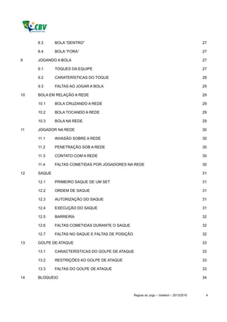 8.3     BOLA “DENTRO”                                                                 27

     8.4     BOLA “FORA”                                                                   27

9    JOGANDO A BOLA                                                                        27

     9.1     TOQUES DA EQUIPE                                                              27

     9.2     CARATERÍSTICAS DO TOQUE                                                       28

     9.3     FALTAS AO JOGAR A BOLA                                                        29

10   BOLA EM RELAÇÃO A REDE                                                                29

     10.1    BOLA CRUZANDO A REDE                                                          29

     10.2    BOLA TOCANDO A REDE                                                           29

     10.3    BOLA NA REDE                                                                  29

11   JOGADOR NA REDE                                                                       30

     11.1    INVASÃO SOBRE A REDE                                                          30

     11.2    PENETRAÇÃO SOB A REDE                                                         30

     11.3    CONTATO COM A REDE                                                            30

     11.4    FALTAS COMETIDAS POR JOGADORES NA REDE                                        30

12   SAQUE                                                                                 31

     12.1    PRIMEIRO SAQUE DE UM SET                                                      31

     12.2    ORDEM DE SAQUE                                                                31

     12.3    AUTORIZAÇÃO DO SAQUE                                                          31

     12.4    EXECUÇÃO DO SAQUE                                                             31

     12.5    BARREIRA                                                                      32

     12.6    FALTAS COMETIDAS DURANTE O SAQUE                                              32

     12.7    FALTAS NO SAQUE E FALTAS DE POSIÇÃO                                           32

13   GOLPE DE ATAQUE                                                                       33

     13.1    CARACTERÍSTICAS DO GOLPE DE ATAQUE                                            33

     13.2    RESTRIÇÕES AO GOLPE DE ATAQUE                                                 33

     13.3    FALTAS DO GOLPE DE ATAQUE                                                     33

14   BLOQUEIO                                                                              34



                                                   Regras do Jogo – Voleibol – 2013/2016    4
 