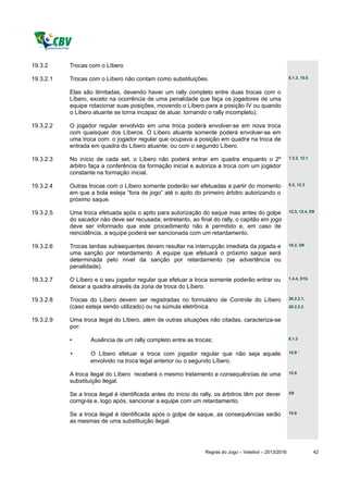 19.3.2     Trocas com o Líbero

19.3.2.1   Trocas com o Líbero não contam como substituições.                                            6.1.3, 15.5


           Elas são ilimitadas, devendo haver um rally completo entre duas trocas com o
           Líbero, exceto na ocorrência de uma penalidade que faça os jogadores de uma
           equipe rotacionar suas posições, movendo o Líbero para a posição IV ou quando
           o Líbero atuante se torna incapaz de atuar, tornando o rally incompleto).

19.3.2.2   O jogador regular envolvido em uma troca poderá envolver-se em nova troca
           com quaisquer dos Líberos. O Líbero atuante somente poderá envolver-se em
           uma troca com: o jogador regular que ocupava a posição em quadra na troca de
           entrada em quadra do Líbero atuante; ou com o segundo Líbero.

19.3.2.3   No início de cada set, o Líbero não poderá entrar em quadra enquanto o 2º                     7.3.2, 12.1

           árbitro faça a conferência da formação inicial e autoriza a troca com um jogador
           constante na formação inicial.

19.3.2.4   Outras trocas com o Líbero somente poderão ser efetuadas a partir do momento                  8.2, 12.3

           em que a bola esteja “fora de jogo” até o apito do primeiro árbitro autorizando o
           próximo saque.

19.3.2.5   Uma troca efetuada após o apito para autorização do saque mas antes do golpe                  12.3, 12.4, D9

           do sacador não deve ser recusada; entretanto, ao final do rally, o capitão em jogo
           deve ser informado que este procedimento não é permitido e, em caso de
           reincidência, a equipe poderá ser sancionada com um retardamento.

19.3.2.6   Trocas tardias subsequentes devem resultar na interrupção imediata da jogada e                16.2, D9

           uma sanção por retardamento. A equipe que efetuará o próximo saque será
           determinada pelo nível da sanção por retardamento (se advertência ou
           penalidade).

19.3.2.7   O Líbero e o seu jogador regular que efetuar a troca somente poderão entrar ou                1.4.4, D1b

           deixar a quadra através da zona de troca do Líbero.

19.3.2.8   Trocas do Líbero devem ser registradas no formulário de Controle do Líbero                    26.2.2.1,

           (caso esteja sendo utilizado) ou na súmula eletrônica.                                        26.2.2.2


19.3.2.9   Uma troca ilegal do Líbero, além de outras situações não citadas, caracteriza-se
           por:

           •       Ausência de um rally completo entre as trocas;                                        6.1.3


           •       O Líbero efetuar a troca com jogador regular que não seja aquele                      15.9 '

                   envolvido na troca legal anterior ou o segundo Líbero.

           A troca ilegal do Líbero receberá o mesmo tratamento e consequências de uma                   15.9

           substituição ilegal.

           Se a troca ilegal é identificada antes do início do rally, os árbitros têm por dever          D9

           corrigi-la e, logo após, sancionar a equipe com um retardamento.

           Se a troca ilegal é identificada após o golpe de saque, as consequências serão                15.9

           as mesmas de uma substituição ilegal.




                                                                 Regras do Jogo – Voleibol – 2013/2016                 42
 