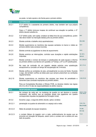 ao poste, no lado oposto e de frente para o primeiro árbitro.

24.2       AUTORIDADE
24.2.1     O 2º árbitro é o assistente do primeiro árbitro, mas também tem sua própria                  24.3

           competência.

           Caso o 1º árbitro torne-se incapaz de continuar sua atuação na partida, o 2º
           árbitro deverá substituí-lo.

24.2.2     O 2º árbitro pode, sem apitar, sinalizar as faltas fora de sua competência, porém            24.3

           não deve insistir na marcação destas junto ao primeiro árbitro.

24.2.3     Ele/ela controla o trabalho do(s) apotntador(es)                                             25.2, 26.2


24.2.4     Ele/ela supervisiona os membros das equipes sentados no banco e relata ao                    4.2.1

           primeiro árbitro toda conduta incorreta.

24.2.5     Ele/ela controla os jogadores na área de aquecimento.                                        4.2.3


24.2.6     Ele/ela autoriza as interrupções, controla suas durações e rejeita solicitações              15, 15.11,

           indevidas.                                                                                   25.2.2.3


24.2.7     Ele/ela controla o número de tempos e substituições de cada equipe e informa                 15.1, 25.2.2.3

           ao primeiro árbitro e ao técnico em questão o 2º tempo, a 5ª e a 6ª substituições.

24.2.8     No caso de contusão de um jogador, ele/ela autoriza uma substituição                         15.7, 17.1.2

           excepcional ou concede um tempo de recuperação de 3 minutos.

24.2.9     Ele/ela verifica as condições do piso, principalmente na zona de frente. Durante             1.2.1, 3

           o jogo, ele também verifica as bolas para que sempre preencham as condições
           regulamentares.

24.2.10    Ele/ela supervisiona os membros das equipes nas áreas de penalidade e                        1.4.6, 21.3.2

           transmite suas condutas impróprias ao primeiro árbitro.

           Para as Competições Mundiais e Oficiais FIVB, os deveres citados nas regras
           24.2.5 e 24.2.10 são de responsabilidade do árbitro reserva.

24.3       RESPONSABILIDADES
24.3.1     No começo de cada set, na mudança de quadra no set decisivo e quando                         5.2.3.1, 7.3.2,
                                                                                                        7.3.5, 18.2.2
           necessário, ele verifica que as posições atuais dos jogadores em quadra
           correspondam àquelas da papeleta de formação inicial.

24.3.2     Durante o jogo, o segundo árbitro decide, apita e sinaliza:

24.3.2.1   penetração na quadra do adversário e o espaço sob a rede;                                    1.3.3, 11.2,
                                                                                                        D5a, D11(22)


24.3.2.2   faltas de posição da equipe receptora;                                                       7.5, D4,
                                                                                                        D11 (13)


24.3.2.3   o contato faltoso do jogador com a rede, preferivelmente da equipe que se                    11.3.1

           encontre em situação de bloqueio, assim como o contato com a antena em seu
           lado da quadra;



                                                                Regras do Jogo – Voleibol – 2013/2016                   51
 