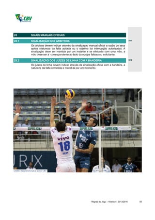 28                  SINAIS MANUAIS OFICIAIS

28.1                SINALIZAÇÃO DOS ÁRBITROS                                                                   D11

                    Os árbitros devem indicar através da sinalização manual oficial a razão de seus
                    apitos (natureza da falta apitada ou o objetivo da interrupção autorizada). A
                    sinalização deve ser mantida por um instante e se efetuada com uma mão, a
                    mão deve ser a correspondente ao lado da equipe faltosa ou solicitante.

28.2                SINALIZAÇÃO DOS JUÍZES DE LINHA COM A BANDEIRA                                             D12

                    Os juízes de linha devem indicar através da sinalização oficial com a bandeira, a
                    natureza da falta cometida e mantê-la por um momento.




Crédito: Alexandre Arruda e acervo CBV.




                                                                       Regras do Jogo – Voleibol – 2013/2016         55
 