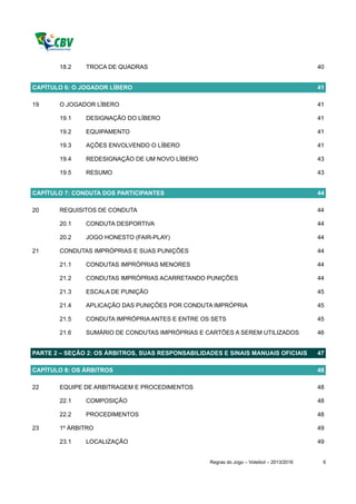 18.2    TROCA DE QUADRAS                                                            40


CAPÍTULO 6: O JOGADOR LÍBERO                                                               41

19     O JOGADOR LÍBERO                                                                    41

       19.1    DESIGNAÇÃO DO LÍBERO                                                        41

       19.2    EQUIPAMENTO                                                                 41

       19.3    AÇÕES ENVOLVENDO O LÍBERO                                                   41

       19.4    REDESIGNAÇÃO DE UM NOVO LÍBERO                                              43

       19.5    RESUMO                                                                      43


CAPÍTULO 7: CONDUTA DOS PARTICIPANTES                                                      44

20     REQUISITOS DE CONDUTA                                                               44

       20.1    CONDUTA DESPORTIVA                                                          44

       20.2    JOGO HONESTO (FAIR-PLAY)                                                    44

21     CONDUTAS IMPRÓPRIAS E SUAS PUNIÇÕES                                                 44

       21.1    CONDUTAS IMPRÓPRIAS MENORES                                                 44

       21.2    CONDUTAS IMPRÓPRIAS ACARRETANDO PUNIÇÕES                                    44

       21.3    ESCALA DE PUNIÇÃO                                                           45

       21.4    APLICAÇÃO DAS PUNIÇÕES POR CONDUTA IMPRÓPRIA                                45

       21.5    CONDUTA IMPRÓPRIA ANTES E ENTRE OS SETS                                     45

       21.6    SUMÁRIO DE CONDUTAS IMPRÓPRIAS E CARTÕES A SEREM UTILIZADOS                 46


PARTE 2 – SEÇÃO 2: OS ÁRBITROS, SUAS RESPONSABILIDADES E SINAIS MANUAIS OFICIAIS           47

CAPÍTULO 8: OS ÁRBITROS                                                                    48

22     EQUIPE DE ARBITRAGEM E PROCEDIMENTOS                                                48

       22.1    COMPOSIÇÃO                                                                  48

       22.2    PROCEDIMENTOS                                                               48

23     1º ÁRBITRO                                                                          49

       23.1    LOCALIZAÇÃO                                                                 49


                                                   Regras do Jogo – Voleibol – 2013/2016    6
 