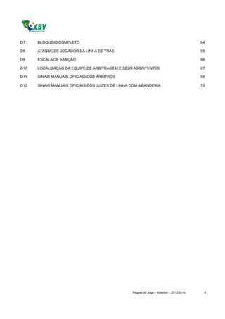 D7    BLOQUEIO COMPLETO                                                                   64

D8    ATAQUE DE JOGADOR DA LINHA DE TRÁS                                                  65

D9    ESCALA DE SANÇÃO                                                                    66

D10   LOCALIZAÇÃO DA EQUIPE DE ARBITRAGEM E SEUS ASSISTENTES                              67

D11   SINAIS MANUAIS OFICIAIS DOS ÁRBITROS                                                68

D12   SINAIS MANUAIS OFICIAIS DOS JUÍZES DE LINHA COM A BANDEIRA                          75




                                                  Regras do Jogo – Voleibol – 2013/2016    8
 