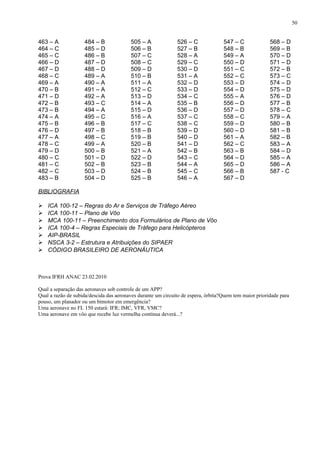 463 – A
464 – C
465 – C
466 – D
467 – D
468 – C
469 – A
470 – B
471 – D
472 – B
473 – B
474 – A
475 – B
476 – D
477 – A
478 – C
479 – D
480 – C
481 – C
482 – C
483 – B
484 – B
485 – D
486 – B
487 – D
488 – D
489 – A
490 – A
491 – A
492 – A
493 – C
494 – A
495 – C
496 – B
497 – B
498 – C
499 – A
500 – B
501 – D
502 – B
503 – D
504 – D
505 – A
506 – B
507 – C
508 – C
509 – D
510 – B
511 – A
512 – C
513 – D
514 – A
515 – D
516 – A
517 – C
518 – B
519 – B
520 – B
521 – A
522 – D
523 – B
524 – B
525 – B
526 – C
527 – B
528 – A
529 – C
530 – D
531 – A
532 – D
533 – D
534 – C
535 – B
536 – D
537 – C
538 – C
539 – D
540 – D
541 – D
542 – B
543 – C
544 – A
545 – C
546 – A
547 – C
548 – B
549 – A
550 – D
551 – C
552 – C
553 – D
554 – D
555 – A
556 – D
557 – D
558 – C
559 – D
560 – D
561 – A
562 – C
563 – B
564 – D
565 – D
566 – B
567 – D
568 – D
569 – B
570 – D
571 – D
572 – B
573 – C
574 – D
575 – D
576 – D
577 – B
578 – C
579 – A
580 – B
581 – B
582 – B
583 – A
584 – D
585 – A
586 – A
587 - C
BIBLIOGRAFIA
 ICA 100-12 – Regras do Ar e Serviços de Tráfego Aéreo
 ICA 100-11 – Plano de Vôo
 MCA 100-11 – Preenchimento dos Formulários de Plano de Vôo
 ICA 100-4 – Regras Especiais de Tráfego para Helicópteros
 AIP-BRASIL
 NSCA 3-2 – Estrutura e Atribuições do SIPAER
 CÓDIGO BRASILEIRO DE AERONÁUTICA
Prova IFRH ANAC 23.02.2010
Qual a separação das aeronaves sob controle de um APP?
Qual a razão de subida/descida das aeronaves durante um circuito de espera, órbita?Quem tem maior prioridade para
pouso, um planador ou um bimotor em emergência?
Uma aeronave no FL 150 estará: IFR; IMC, VFR, VMC?
Uma aeronave em vôo que recebe luz vermelha contínua deverá...?
50
 