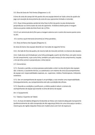 3.5. Área de Cesta de Três Pontos (Diagramas 1 e 3)

A área de cesta de campo de três pontos de uma equipe deverá ser toda a área da quadra de
jogo com exceção da área próxima da cesta de seus oponentes limitada e incluíndo:

3.5.1. Duas linhas paralelas saindo da linha final, 6,25m do ponto no piso diretamente
perpendicular ao centro exato da cesta do oponente. A distância deste ponto à margem
interna ao ponto médio da linha final é de 1,575m.

3.5.2 E um semicírculo de 6,25m para a margem externa com o centro do mesmo ponto como
no Art.

3.5.1 acima o qual intersecta (encontra) as linhas paralelas.

3.6. Áreas de Banco das Equipes (Diagrama 1).

As áreas de banco das equipes deverão ser marcadas da seguinte forma:

3.6.1. Do lado de fora da quadra, do mesmo lado da mesa de controle e os bancos das equipes.

3.6.2. Cada área será limitada por uma linha prolongada a partir da linha final, com pelo menos
2m de comprimento, e por outra linha, também com pelo menos 2m de comprimento, traçada
a 5m da linha central e perpendicular a linha lateral.

3.7. Comentários:

3.7.1. Durante a partida, as únicas pessoas autorizados a estar na área de banco das equipes
são: o técnico, o assistente técnico, os substitutos e um máximo de cinco (5) acompanhantes
de equipe com responsabilidades especiais, ex.: supervisor, médico, fisioterapeuta, intérprete,
estatístico.

3.7.2. Ser um acompanhante de equipe é um privilégio, e isso envolve uma responsabilidade.
Consequentemente, seu comportamento está sob a jurisdição dos oficiais.

3.7.3. Quando as condições o justificarem, o árbitro poderá reduzir o número de
acompanhantes de equipe que estarão na área de banco da equipe

Art. 4. Equipamento

4.1. Tabelas e Suportes de Tabela

4.1.1. As duas (2) tabelas (Diagrama 4) deverão ser feitas com material adequado transparente
(preferencialmente de vidro temperado de alta segurança) feitos em uma única peça e tendo o
mesmo grau de rigidez daquelas feitas com madeira dura com 3cm de espessura
 