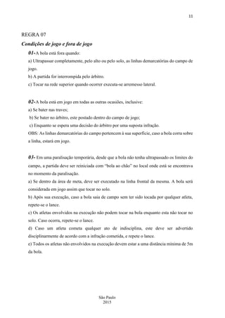 11
São Paulo
2015
REGRA 07
Condições de jogo e fora de jogo
01-A bola está fora quando:
a) Ultrapassar completamente, pelo alto ou pelo solo, as linhas demarcatórias do campo de
jogo.
b) A partida for interrompida pelo árbitro.
c) Tocar na rede superior quando ocorrer executa-se arremesso lateral.
02-A bola está em jogo em todas as outras ocasiões, inclusive:
a) Se bater nas traves;
b) Se bater no árbitro, este postado dentro do campo de jogo;
c) Enquanto se espera uma decisão do árbitro por uma suposta infração.
OBS: As linhas demarcatórias do campo pertencem à sua superfície, caso a bola corra sobre
a linha, estará em jogo.
03- Em uma paralisação temporária, desde que a bola não tenha ultrapassado os limites do
campo, a partida deve ser reiniciada com “bola ao chão” no local onde está se encontrava
no momento da paralisação.
a) Se dentro da área de meta, deve ser executado na linha frontal da mesma. A bola será
considerada em jogo assim que tocar no solo.
b) Após sua execução, caso a bola saia de campo sem ter sido tocada por qualquer atleta,
repete-se o lance.
c) Os atletas envolvidos na execução não podem tocar na bola enquanto esta não tocar no
solo. Caso ocorra, repete-se o lance.
d) Caso um atleta cometa qualquer ato de indisciplina, este deve ser advertido
disciplinarmente de acordo com a infração cometida, e repete o lance.
e) Todos os atletas não envolvidos na execução devem estar a uma distância mínima de 5m
da bola.
 