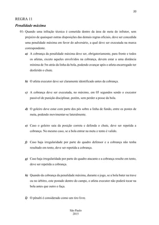 20
São Paulo
2015
REGRA 11
Penalidade máxima
01- Quando uma infração técnica é cometida dentro da área de meta do infrator, sem
prejuízo de quaisquer outras disposições das demais regras oficiais, deve ser concedida
uma penalidade máxima em favor do adversário, a qual deve ser executada na marca
correspondente.
a) A cobrança da penalidade máxima deve ser, obrigatoriamente, para frente e todos
os atletas, exceto aqueles envolvidos na cobrança, devem estar a uma distância
mínima de 5m atrás da linha da bola, podendo avançar após o atleta encarregado ter
desferido o chute.
b) O atleta executor deve ser claramente identificado antes da cobrança.
c) A cobrança deve ser executada, no máximo, em 05 segundos sendo o executor
passível de punição disciplinar, porém, sem perder a posse da bola.
d) O goleiro deve estar com parte dos pés sobre a linha de fundo, entre os postes de
meta, podendo movimentar-se lateralmente.
e) Caso o goleiro saia da posição correta e defenda o chute, deve ser repetida a
cobrança. No mesmo caso, se a bola entrar na meta o tento é valido.
f) Caso haja irregularidade por parte do quadro defensor e a cobrança não tenha
resultado em tento, deve ser repetida a cobrança.
g) Caso haja irregularidade por parte do quadro atacante e a cobrança resulte em tento,
deve ser repetida a cobrança.
h) Quando da cobrança da penalidade máxima, durante o jogo, se a bola bater na trave
ou no árbitro, este postado dentro do campo, o atleta executor não poderá tocar na
bola antes que outro o faça.
i) O pênalti é considerado como um tiro livre.
 