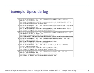 Exemplo t´
ıpico de log

Cria¸˜o de regras de associa¸˜o a partir da navega¸˜o de usu´rios em sites Web —
ca
ca
ca
a

Exemplo t´
ıpico de log

3

 