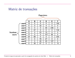 Matriz de transa¸oes
c˜

Cria¸˜o de regras de associa¸˜o a partir da navega¸˜o de usu´rios em sites Web —
ca
ca
ca
a

Matriz de transa¸oes
c˜

6

 