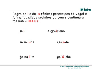 Regra do  i  e do  u  tônicos precedidos de vogal e formando sílaba sozinhos ou com s continua a mesma –  HIATO a- í e-go- í s-mo a-la- ú- de sa- ú- de je-su- í- ta ga- ú- cho Hiato 