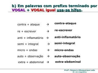 b)   Em palavras com   prefixo terminado por  VOGAL   +   VOGAL igual   usa-se hífen . re + escrever     re-escrever contra + ataque     contra-ataque micro + ondas     micro-ondas anti + inflamatório     anti-inflamatório semi + integral     semi-integral auto + observação   auto-observação extra + abdominal     extra-abdominal 