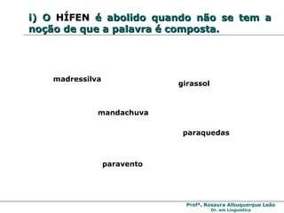 i) O   HÍFEN  é abolido quando não se tem a noção de que a palavra é composta. paraquedas mandachuva girassol paravento madressilva 
