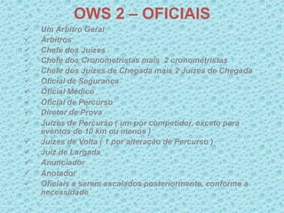 OWS 2 – OFICIAIS
 Um Árbitro Geral
 Árbitros
 Chefe dos Juízes
 Chefe dos Cronometristas mais 2 cronometristas
 Chefe dos Juízes de Chegada mais 2 Juízes de Chegada
 Oficial de Segurança
 Oficial Médico
 Oficial de Percurso
 Diretor de Prova
 Juízes de Percurso ( um por competidor, exceto para
eventos de 10 km ou menos )
 Juízes de Volta ( 1 por alteração de Percurso )
 Juiz de Largada
 Anunciador
 Anotador
 Oficiais a serem escalados posteriormente, conforme a
necessidade
 