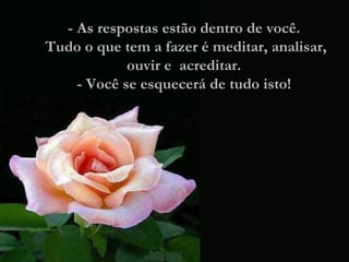 - As respostas estão dentro de você.  Tudo o que tem a fazer é meditar, analisar, ouvir e  acreditar.  - Você se esquecerá de tudo isto!  