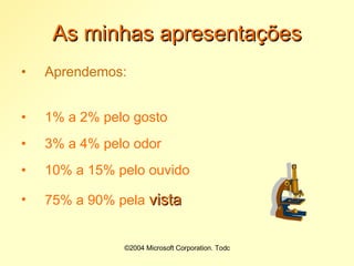 ©2004 Microsoft Corporation. Todos os direitos reservados.As minhas apresentaçõesAprendemos:1% a 2% pelo gosto3% a 4% pelo odor10% a 15% pelo ouvido75% a 90% pela vista 