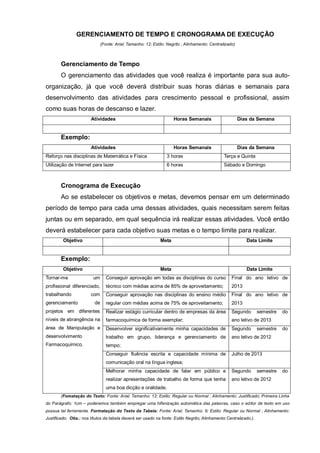 GERENCIAMENTO DE TEMPO E CRONOGRAMA DE EXECUÇÃO
                               (Fonte: Arial; Tamanho: 12; Estilo: Negrito ; Alinhamento: Centralizado)



        Gerenciamento de Tempo
        O gerenciamento das atividades que você realiza é importante para sua auto-
organização, já que você deverá distribuir suas horas diárias e semanais para
desenvolvimento das atividades para crescimento pessoal e profissional, assim
como suas horas de descanso e lazer.
                        Atividades                                    Horas Semanais                      Dias da Semana


        Exemplo:
                        Atividades                                    Horas Semanais                      Dias da Semana
Reforço nas disciplinas de Matemática e Física                    3 horas                        Terça e Quinta
Utilização de Internet para lazer                                 6 horas                        Sábado e Domingo



        Cronograma de Execução
        Ao se estabelecer os objetivos e metas, devemos pensar em um determinado
período de tempo para cada uma dessas atividades, quais necessitam serem feitas
juntas ou em separado, em qual sequência irá realizar essas atividades. Você então
deverá estabelecer para cada objetivo suas metas e o tempo limite para realizar.
         Objetivo                                              Meta                                          Data Limite


        Exemplo:
         Objetivo                                              Meta                                          Data Limite
Tornar-me                um       Conseguir aprovação em todas as disciplinas do curso               Final do ano letivo de
profissional diferenciado,        técnico com médias acima de 85% de aproveitamento;                 2013
trabalhando             com       Conseguir aprovação nas disciplinas do ensino médio                Final do ano letivo de
gerenciamento             de      regular com médias acima de 75% de aproveitamento;                 2013
projetos em diferentes            Realizar estágio curricular dentro de empresas da área             Segundo      semestre   do
níveis de abrangência na          farmacoquímica de forma exemplar;                                  ano letivo de 2013
área de Manipulação e             Desenvolver significativamente minha capacidades de                Segundo      semestre   do
desenvolvimento                   trabalho em grupo, liderança e gerenciamento de                    ano letivo de 2012
Farmacoquímico.                   tempo;
                                  Conseguir fluência escrita e capacidade mínima de                  Julho de 2013
                                  comunicação oral na língua inglesa;
                                  Melhorar minha capacidade de falar em público e                    Segundo      semestre   do
                                  realizar apresentações de trabalho de forma que tenha              ano letivo de 2012
                                  uma boa dicção e oralidade.
        (Fomatação do Texto: Fonte: Arial; Tamanho: 12; Estilo: Regular ou Normal ; Alinhamento: Justificado; Primeira Linha
do Parágrafo: 1cm – poderemos também empregar uma hifenização automática das palavras, caso o editor de texto em uso
possua tal ferramenta. Formatação do Texto da Tabela: Fonte: Arial; Tamanho: 9; Estilo: Regular ou Normal ; Alinhamento:
Justificado; Obs.: nos títulos da tabela deverá ser usado na fonte: Estilo Negrito; Alinhamento Centralizado.).
 