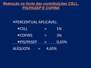 Retenção na fonte das contribuições CSLL,
PIS/PASEP E COFINS
PERCENTUAL APLICÁVEL:
CSLL = 1%
COFINS = 3%
PIS/PASEP = 0,65%
ALÍQUOTA = 4,65%
 