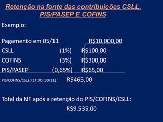 Retenção na fonte das contribuições CSLL,
PIS/PASEP E COFINS
Exemplo:
Pagamento em 05/11 R$10.000,00
CSLL (1%) R$100,00
COFINS (3%) R$300,00
PIS/PASEP (0,65%) R$65,00
PIS/COFINS/CSLL RETIDO (30/11): R$465,00
Total da NF após a retenção do PIS/COFINS/CSLL:
R$9.535,00
 