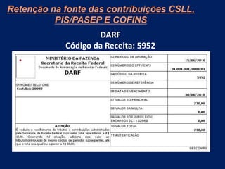 Retenção na fonte das contribuições CSLL,
PIS/PASEP E COFINS
DARF
Código da Receita: 5952
 