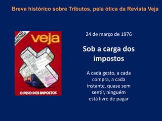 24 de março de 1976
Sob a carga dos
impostos
A cada gesto, a cada
compra, a cada
instante, quase sem
sentir, ninguém
está livre de pagar
Breve histórico sobre Tributos, pela ótica da Revista Veja
 