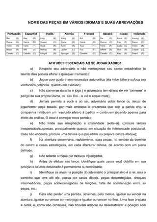 NOME DAS PEÇAS EM VÁRIOS IDIOMAS E SUAS ABREVIAÇÕES


Português          Espanhol                Inglês        Alemão               Francês         Italiano     Russo        Holandês
Rei      (R)     Rey          (R)   King        (K)   Konig      (K)   Roi         (R)   Re        (R)   Korol   (K)   Koning   (K)
Dama     (D)     Dama         (D)   Queen       (Q)   Dame       (D)   Dame        (D)   Donna     (D)   Ferz    (F)   Dame     (D)
Torre    (T)     Torre        (T)   Rook        (R)   Turm       (T)   Tour        (T)   Torre     (T)   Ladia (L)     Toren    (T)
Bispo    (B)     Alfil        (A)   Bishop      (B)   Laüfer     (L)   Fou         (F)   Alfiere   (A)   Slon    (S)   Looper   (L)
Cavalo   (C)     Caballo      (C)   Kinight     (N)   Springer   (S)   Cavalier    (C)   Cavallo (C)     Konj    (K)   Peard    (P)



                                              ATITUDES ESSENCIAIS AO SE JOGAR XADREZ:
                         a)         Respeite seu adversário e não menospreze seu senso enxadristico (o
               talento dele poderá aflorar a qualquer momento);
                         b)         Jogue com gosto e sem excessiva auto-critica (ela inibe tolhe e sufoca seu
               verdadeiro potencial, quando em excesso);
                         c)         Não converse durante o jogo ( o adversário tem direito de ver “primeiro” o
               perigo de sua própria Dama, de seu Rei... e até o xeque mate);
                         d)         Jamais permita a você e ao seu adversário voltar lance ou deixar de
               jogar/tomar peça tocada, por mais amistosa e prazerosa que seja a parida e/ou a
               companhia (atribuam um resultado efetivo à partida – continuem jogando apenas para
               efeito de análise. O ideal é começar nova partida);
                         e)         Não limite sua imaginação e criatividade (solte-si). (procure lances
               inesperados/surpresas, principalmente quando em situação de inferioridade posicional.
               Caso não encontre, procure uma defesa que possibilite ou prepare contra-ataque);
                         f)         Na abertura desenvolva, rapidamente, suas peças, no sentido do domínio
               do centro e casas estratégicas, em cada abertura/ defesa, de acordo com um plano
               definido;
                         g)         Não retarde o roque por motivos injustiçados;
                         h)         Antes de efetuar seu lance, identifique quais casas você debilita em sua
               posição e se esta debilidade é permanente ou temporária;
                         i)         Identifique os alvos na posição do adversário o principal alvo é o rei, mas o
               caminho que leva até ele, passa por casas débeis, peças desprotegidas, cheques
               intermediários, peças sobrecarregadas de funções, falta de coordenação entre as
               peças, etc.;
                         j)         Para não perder uma partida, devemos, pelo menos, igualar ou vencer na
               abertura, igualar ou vencer no meio-jogo e igualar ou vencer no final. Uma fase prepara
               a outra, e, como são continuas, não convém arriscar ou desestabilizar a posição sem
 