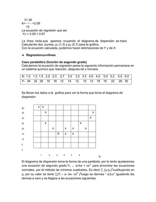 31.36
A=      =2.09
   15
La ecuación de regresión que así
 Yc = 2.09 + 0.97

La línea recta que aparece cruzando el diagrama de dispersión es trazo
Calculando dos puntos, p1 (1,3) y p2 (5,7) para la grafica.
Con la ecuación calculada, podemos hacer estimaciones de Y y de X

     Regresióncurvilínea

Caso parabólico (función de segundo grado)
Calculamos la ecuación de regresión parea la siguiente información permanece en
un sistema químico que reacción, después de x minutos.

Xi 1.0 1.2 1.5 2.0 2.5              2.7          3.0       3.2 3.5 4.0 4.5             5.0 5.2   5.5 6.0
Yi 34    32 26        18   18       12           14        12       15   13      18    16   22   26 35


Se llevan los datos a la grafica para ver la forma que toma el diagrama de
dispersión


            x x
Yi
35                x                                                          x
30                                                                       x
25                x                                             x
20                         x                 x         x             x
15                              X            x         x
10

5

0

              1        2       3         4         5            6
                                                                                  xi
El diagrama de dispersión toma la forma de una parábola, por lo tanto ajustaremos
una ecuación de segundo grado:Yc = a+bx + cx2 para encontrar las ecuaciones
normales, por el método de mínimos cuadrados. Es decir (yi-yc)2sustituyendo en
yc por su valor se tiene (Yi – a- bx- cx2 )2luego se derivaa “ a,b,c” igualando las
derivas a cero y se llegara a las ecuaciones siguientes.
 