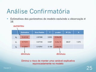 Análise Confirmatória
   —  Estimativas dos parâmetros do modelo excluindo a observação #
       16
            aumentou




                 diminuiu                        diminuiu

                 Diminui o risco de manter uma variável explicativa
                            equivocadamente no modelo
Equipe 3
                                                                       25
 