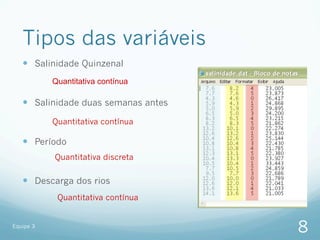 Tipos das variáveis
   —  Salinidade Quinzenal
           Quantitativa contínua

   —  Salinidade duas semanas antes
           Quantitativa contínua

   —  Período
           Quantitativa discreta


   —  Descarga dos rios
            Quantitativa contínua


Equipe 3
                                       8
 