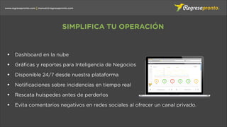 manuel@regresapronto.comwww.regresapronto.com
SIMPLIFICA TU OPERACIÓN
!
• Dashboard en la nube
• Gráﬁcas y reportes para Inteligencia de Negocios
• Disponible 24/7 desde nuestra plataforma
• Notiﬁcaciones sobre incidencias en tiempo real
• Rescata huíspedes antes de perderlos
• Evita comentarios negativos en redes sociales al ofrecer un canal privado.
 