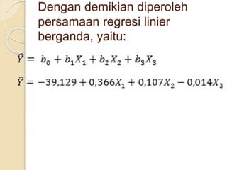 Dengan demikian diperoleh
persamaan regresi linier
berganda, yaitu:
 
