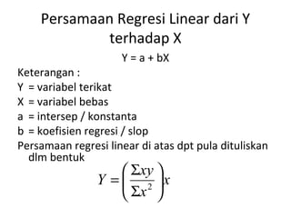 Persamaan Regresi Linear dari Y 
terhadap X 
Y = a + bX 
Keterangan : 
Y = variabel terikat 
X = variabel bebas 
a = intersep / konstanta 
b = koefisien regresi / slop 
Persamaan regresi linear di atas dpt pula dituliskan 
dlm bentuk 
x 
÷ø 
Y = æ 
S xy ö S 
x 
2 
çè 
 