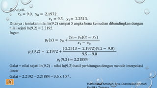 Dipunyai:
𝑥0 = 9.0, y0 = 2.1972.
𝑥1 = 9.5, y1 = 2.2513.
Ditanya : tentukan nilai ln(9.2) sampai 5 angka bena kemudian dibandingkan dengan
nilai sejati ln(9.2) = 2.2192.
Ingat:
𝑝1 𝑥 = 𝑦0 +
(𝑦1− 𝑦0)(𝑥 − 𝑥0)
𝑥1 − 𝑥0
𝑝1 9.2 = 2.1972 +
( 2.2513 − 2.1972)(9.2 − 9.0)
9.5 − 9.0
𝑝1 9.2 = 2.21884
Galat = nilai sejati ln(9.2) – nilai ln(9.2) hasil perhitungan dengan metode interpolasi
linear
Galat = 2.2192 – 2.21884 = 3,6 x 10-4 .
Hamidatul Aminah Riva Dianita Istiqomah
 