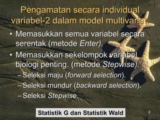 8
Pengamatan secara individual
variabel-2 dalam model multivariat.
• Memasukkan semua variabel secara
serentak (metode Enter).
• Memasukkan sekelompok variabel
biologi penting. (metode Stepwise).
–Seleksi maju (forward selection).
–Seleksi mundur (backward selection).
–Seleksi Stepwise.
Statistik G dan Statistik Wald
 