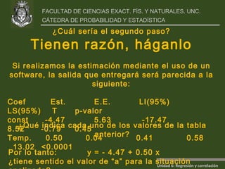 ¿Cuál sería el segundo paso? Tienen razón, háganlo Si realizamos la estimación mediante el uso de un software, la salida que entregará será parecida a la siguiente: Coef  Est.    E.E.   LI(95%)   LS(95%)   T  p-valor c onst  -4.47   5.63   -17.47   8.52   -0.79   0.45 Temp.  0.50   0.04   0.41   0.58   13.02 <0.0001  ¿Qué indica cada uno de los valores de la tabla anterior? Por lo tanto:  y = - 4.47 + 0.50 x   ¿tiene sentido el valor de “a” para la situación analizada? 