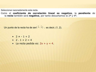 Seleccionar razonadamente esta recta.
Como el coeficiente de correlación lineal es negativo, la pendiente de
la recta también será negativa, por tanto descartamos la 2ª y 4ª.
Un punto de la recta ha de ser( , ) , es decir, (1, 2).
• 2 ≠ - 1 + 2
• 2 . 1 + 2 = 4
• La recta pedida es: 2x + y = 4.
 