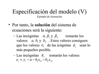Especificación del modelo (V) Ejemplo de ilustración Por tanto, la  solución  del sistema de ecuaciones será la siguiente: Las incógnitas  tomarán los valores  . Estos valores consiguen que los valores  de las icógnitas  sean lo más pequeños posible. Las incógnitas  tomarán los valores 