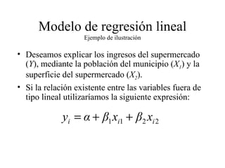 Modelo de regresión lineal Ejemplo de ilustración Deseamos explicar los ingresos del supermercado ( Y ), mediante la población del municipio ( X 1 ) y la superficie del supermercado ( X 2 ). Si la relación existente entre las variables fuera de tipo lineal utilizaríamos la siguiente expresión: 